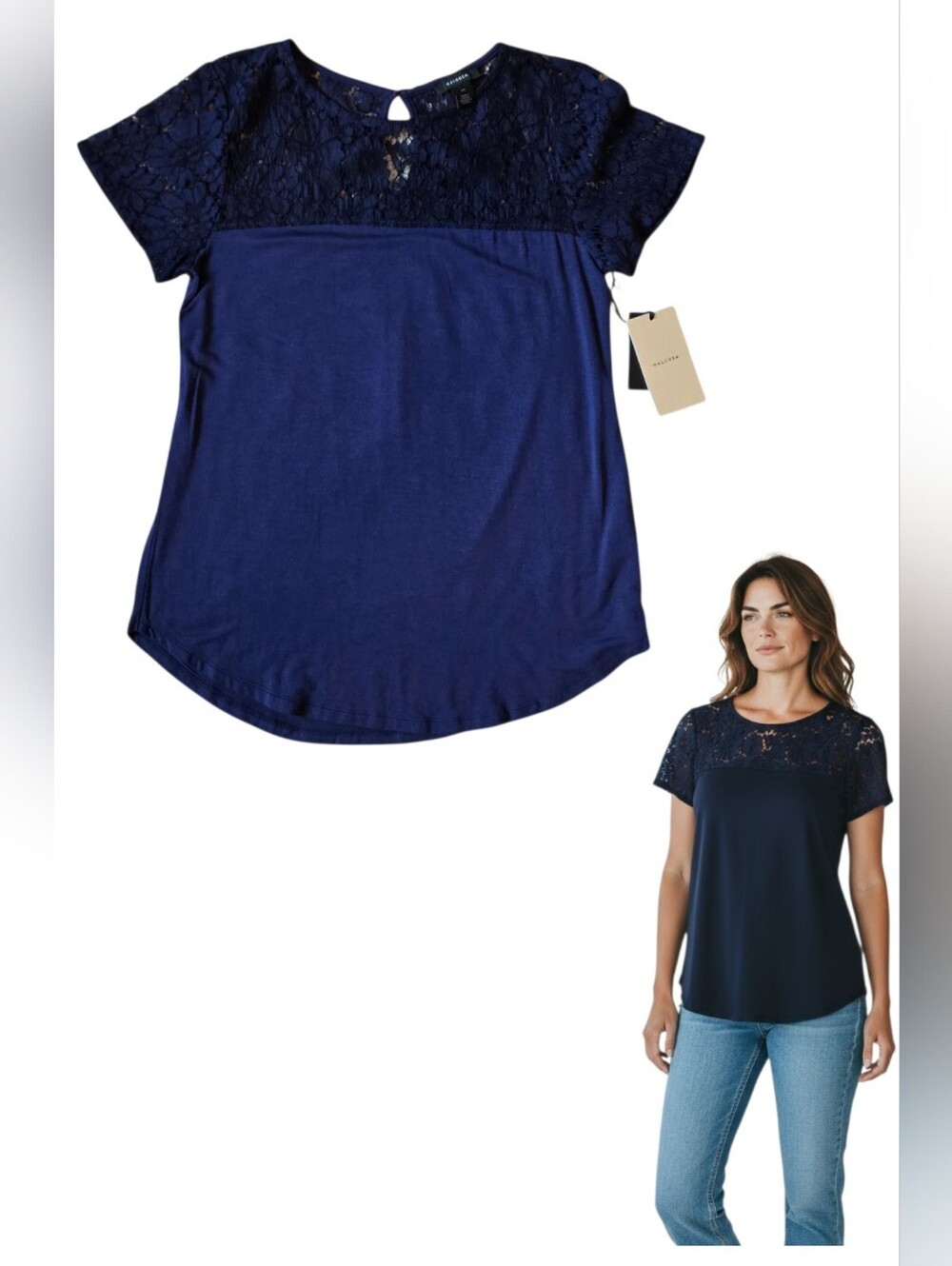 NWT Halogen Navy Blue Lace Yoke Short Sleeve Blouse Size XS